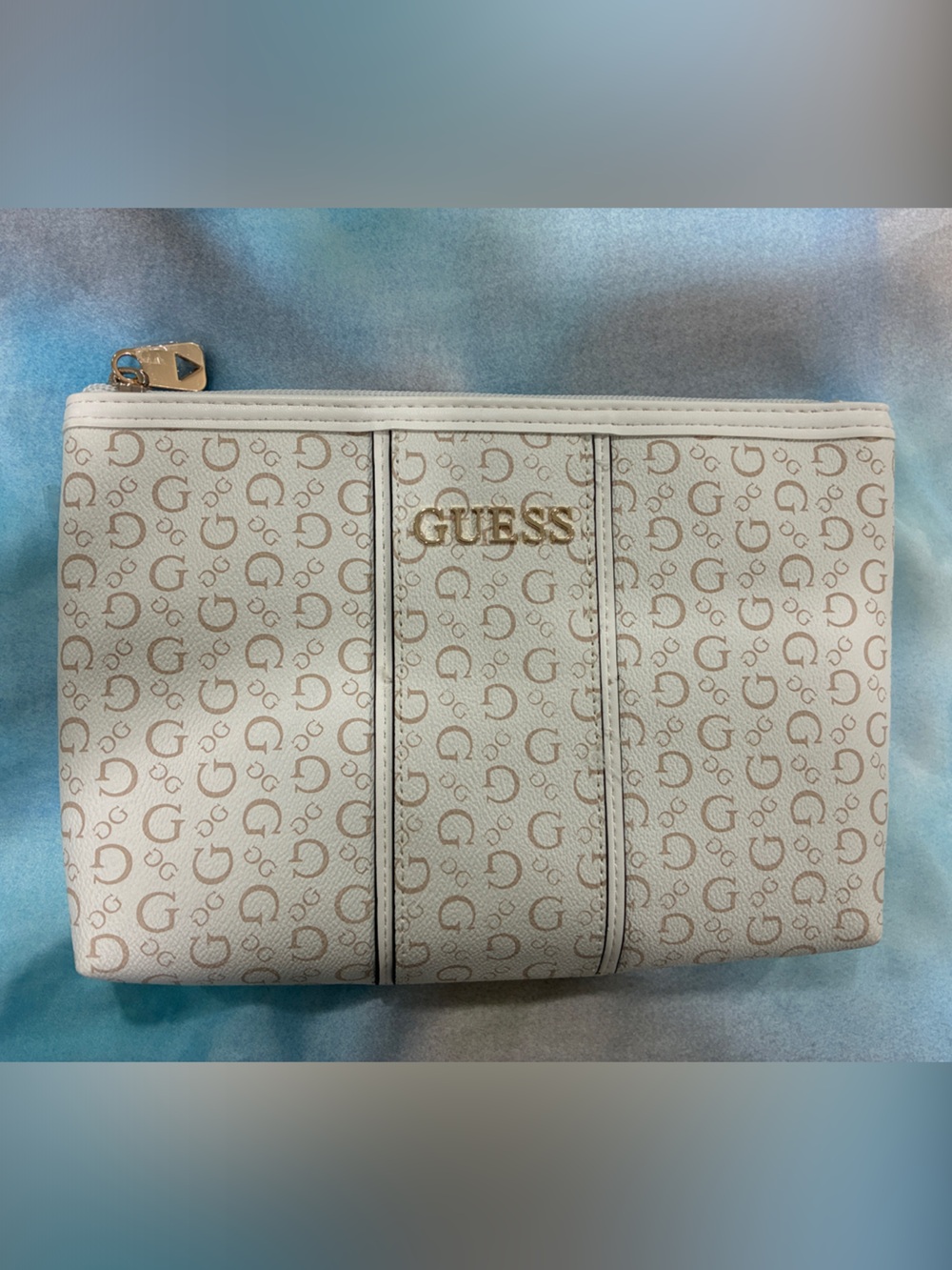 GUESS Cream and Tan Monogram Toiletry Pouch